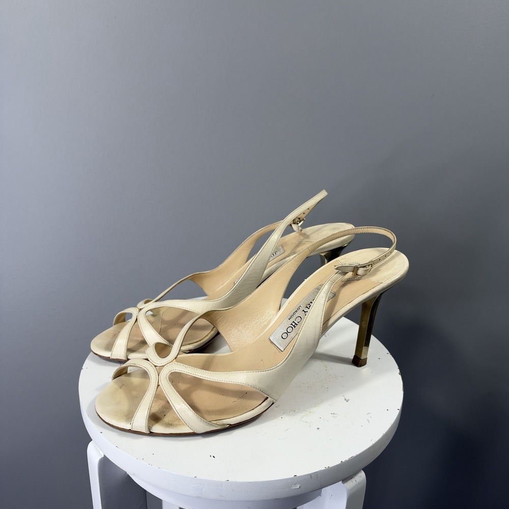 Jimmy Choo Sandals Womens 9 White Leather Slingback Strappy High Heel Dress
